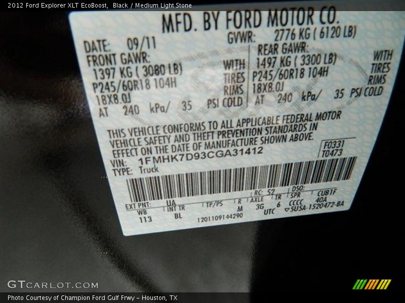 Black / Medium Light Stone 2012 Ford Explorer XLT EcoBoost