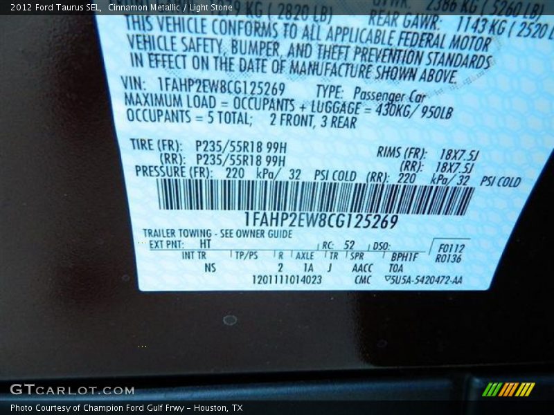 Cinnamon Metallic / Light Stone 2012 Ford Taurus SEL