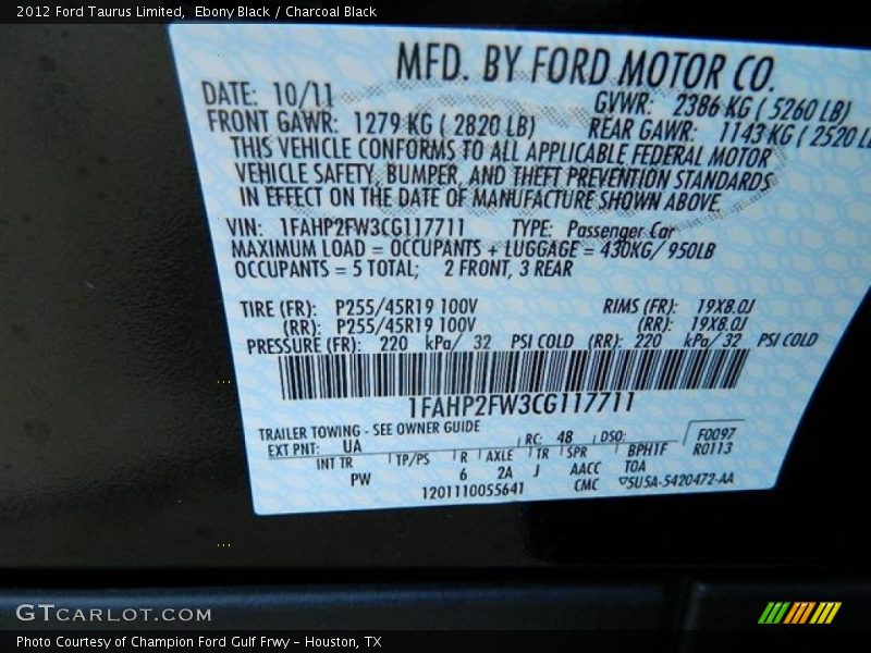 2012 Taurus Limited Ebony Black Color Code UA