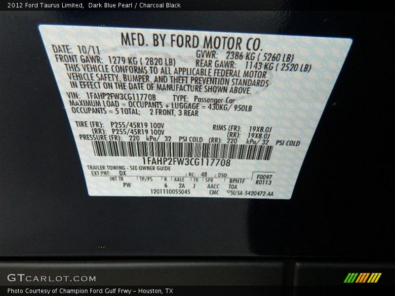 2012 Taurus Limited Dark Blue Pearl Color Code DX