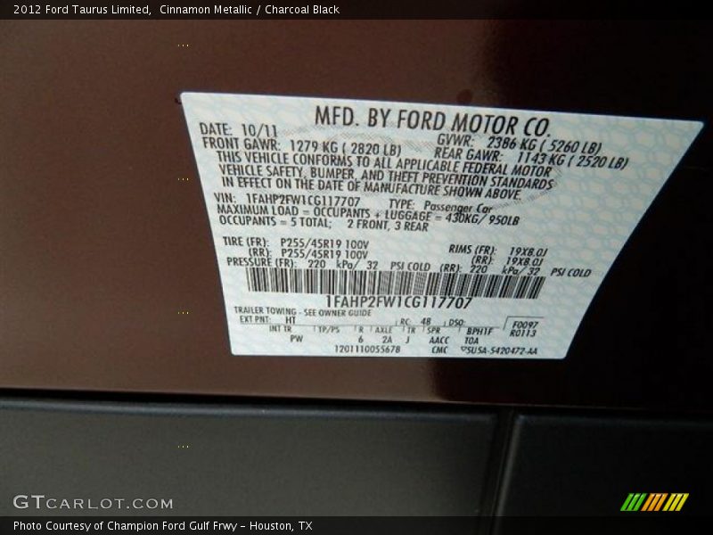 2012 Taurus Limited Cinnamon Metallic Color Code HT
