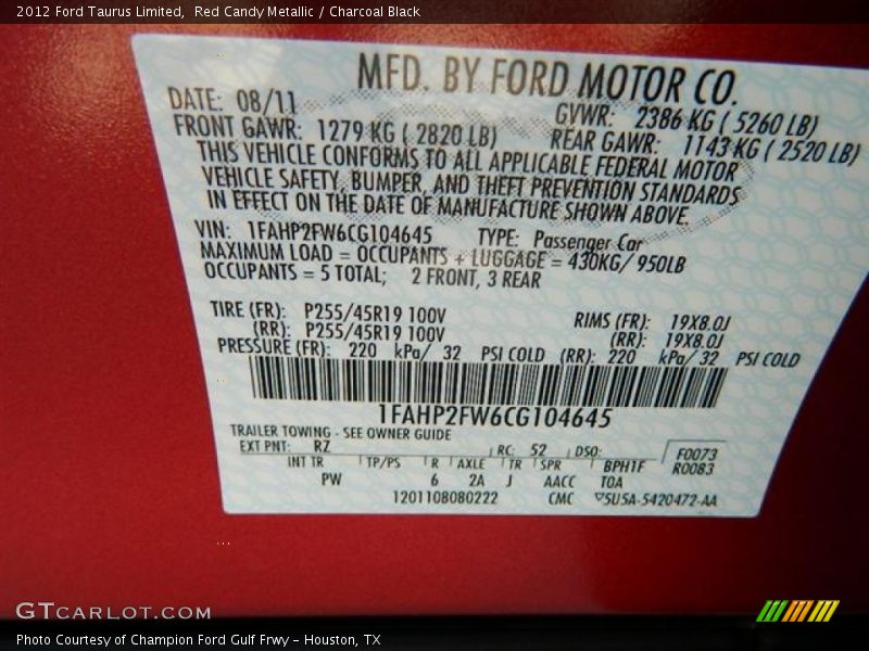 2012 Taurus Limited Red Candy Metallic Color Code RZ