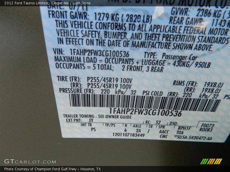2012 Taurus Limited Ginger Ale Color Code JY