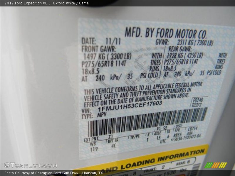 Oxford White / Camel 2012 Ford Expedition XLT