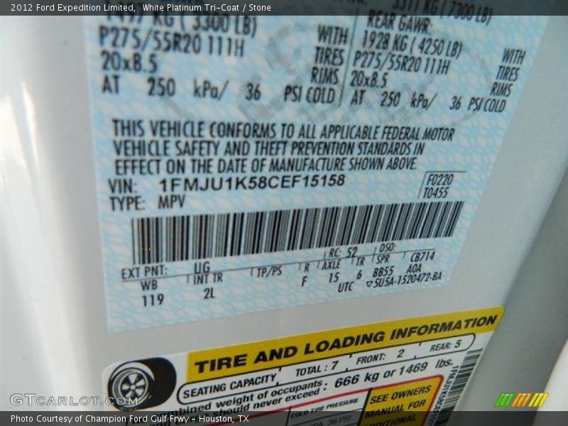 2012 Expedition Limited White Platinum Tri-Coat Color Code UG
