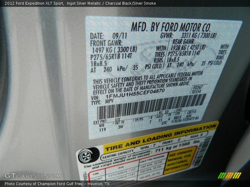 Ingot Silver Metallic / Charcoal Black/Silver Smoke 2012 Ford Expedition XLT Sport