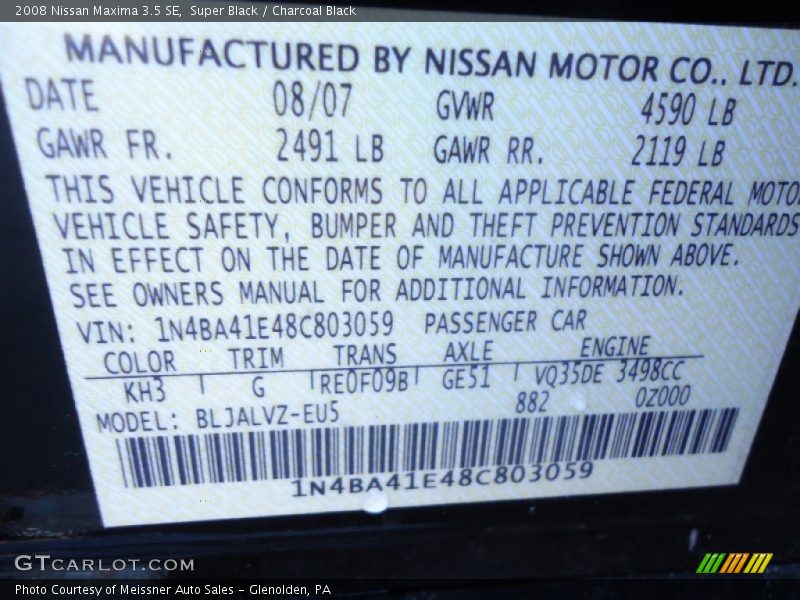 Super Black / Charcoal Black 2008 Nissan Maxima 3.5 SE