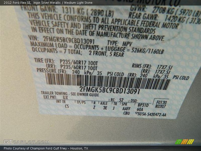 Ingot Silver Metallic / Medium Light Stone 2012 Ford Flex SE