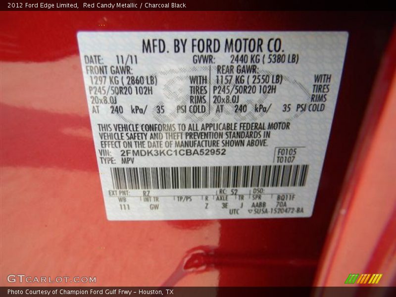 Red Candy Metallic / Charcoal Black 2012 Ford Edge Limited