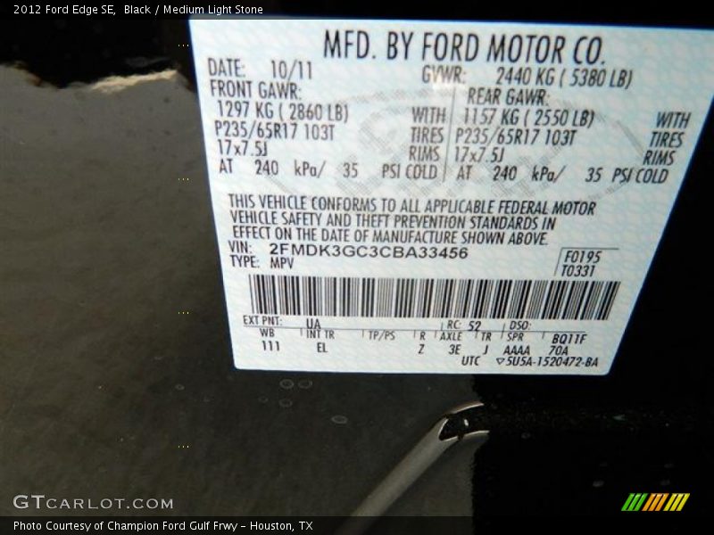 Black / Medium Light Stone 2012 Ford Edge SE
