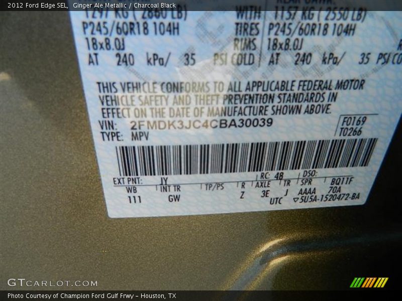 2012 Edge SEL Ginger Ale Metallic Color Code JY