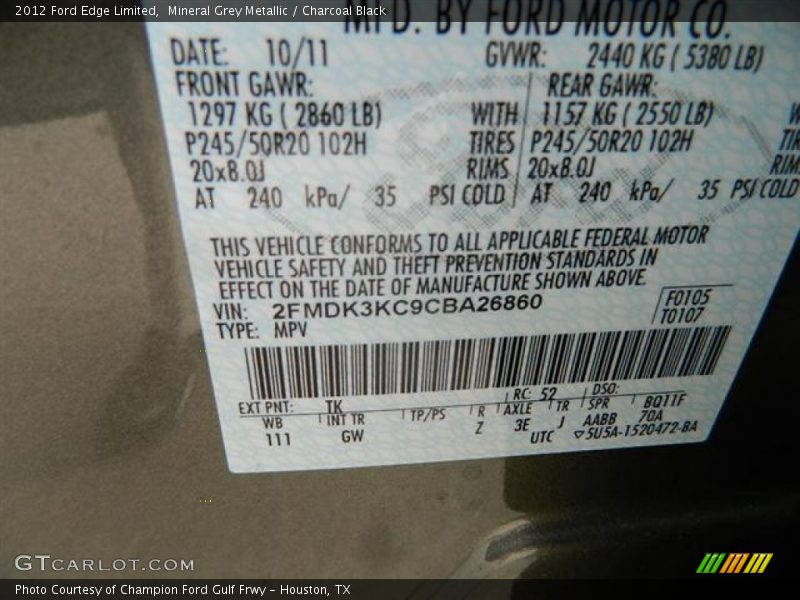 2012 Edge Limited Mineral Grey Metallic Color Code TK