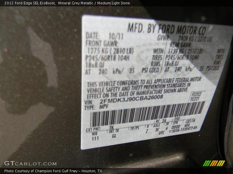 Mineral Grey Metallic / Medium Light Stone 2012 Ford Edge SEL EcoBoost