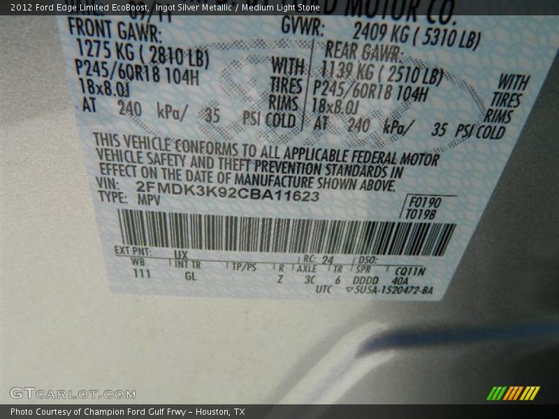 Ingot Silver Metallic / Medium Light Stone 2012 Ford Edge Limited EcoBoost