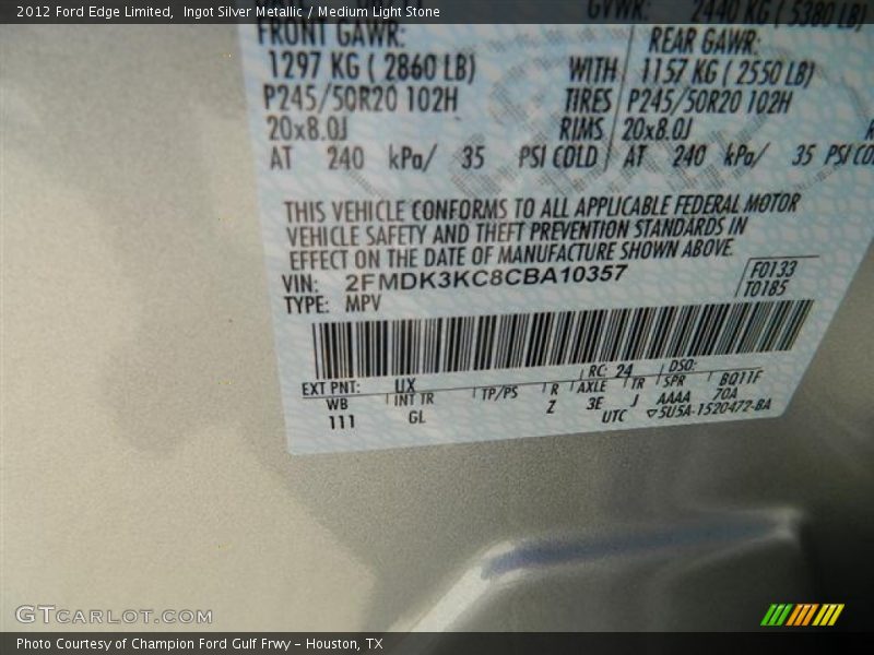 Ingot Silver Metallic / Medium Light Stone 2012 Ford Edge Limited