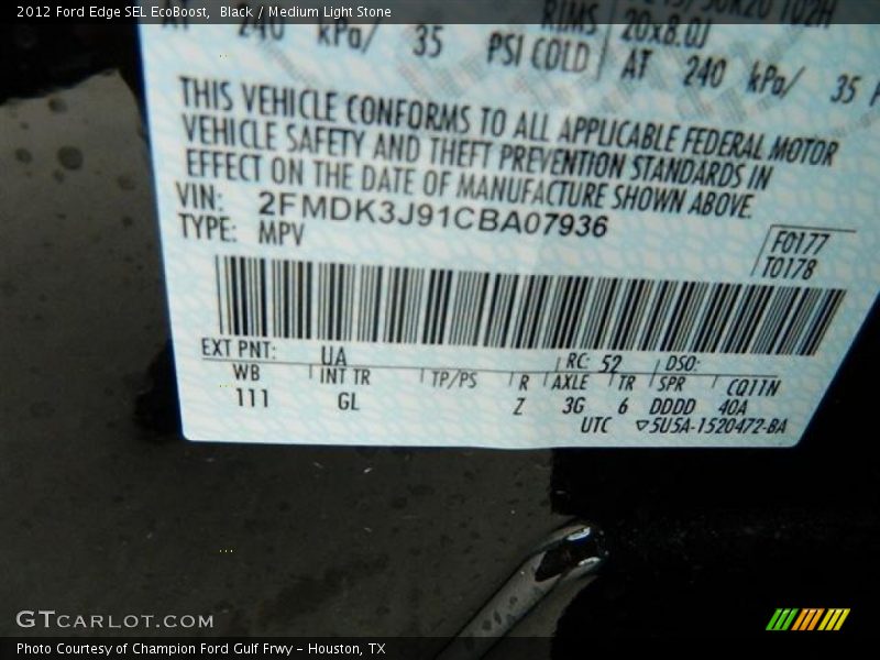 2012 Edge SEL EcoBoost Black Color Code UA
