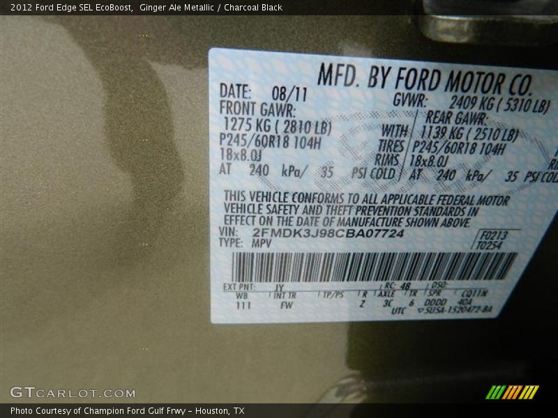 2012 Edge SEL EcoBoost Ginger Ale Metallic Color Code JY