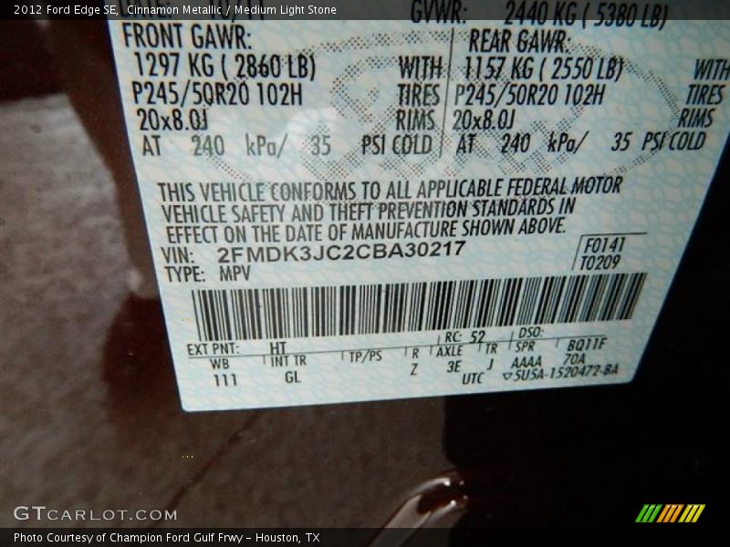 2012 Edge SE Cinnamon Metallic Color Code HT