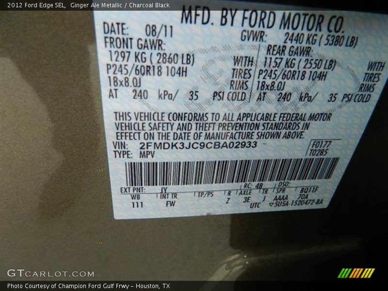 2012 Edge SEL Ginger Ale Metallic Color Code JY