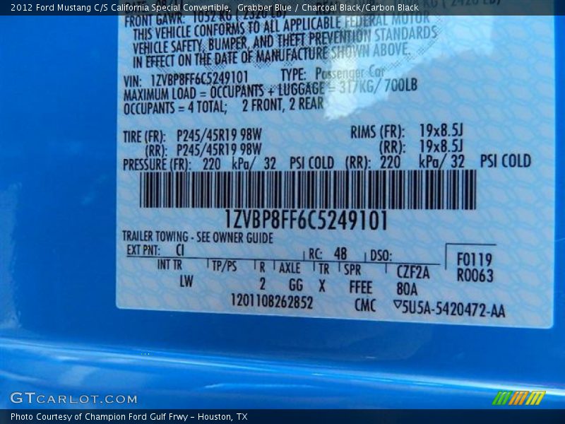 2012 Mustang C/S California Special Convertible Grabber Blue Color Code CI