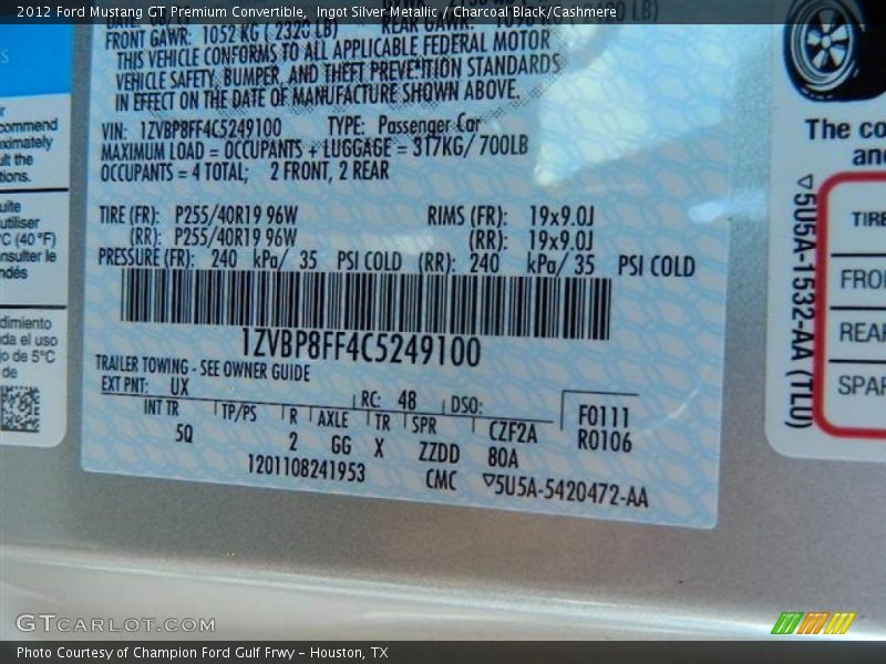 2012 Mustang GT Premium Convertible Ingot Silver Metallic Color Code UX