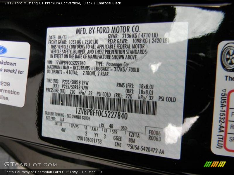 2012 Mustang GT Premium Convertible Black Color Code UA