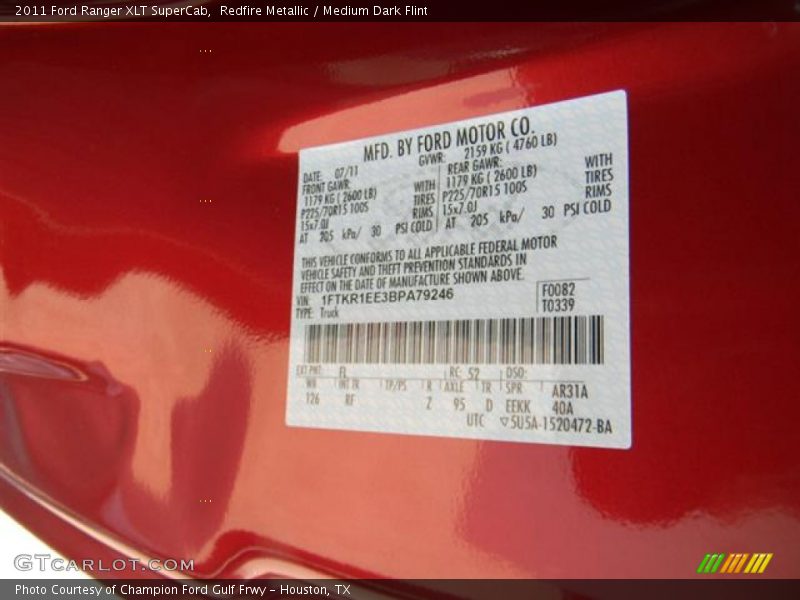 2011 Ranger XLT SuperCab Redfire Metallic Color Code FL