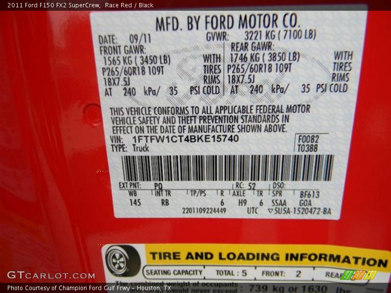 2011 F150 FX2 SuperCrew Race Red Color Code PQ