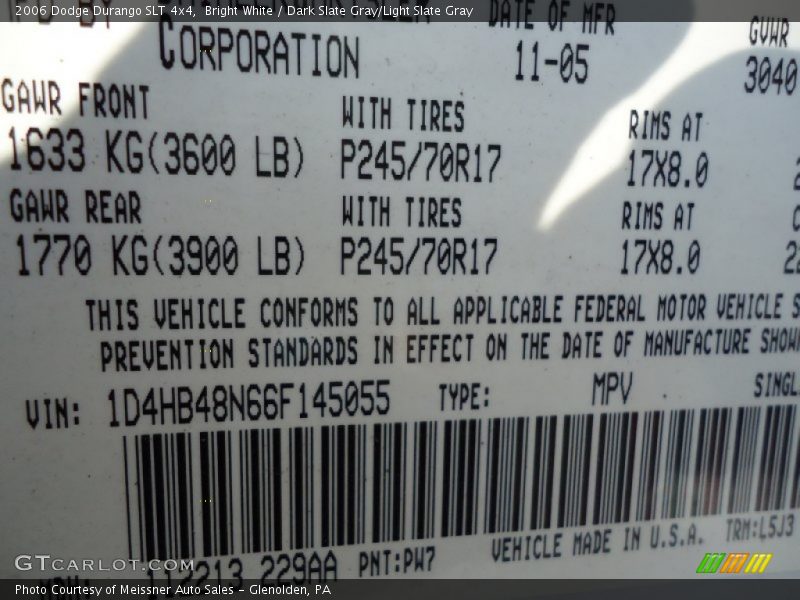 Bright White / Dark Slate Gray/Light Slate Gray 2006 Dodge Durango SLT 4x4