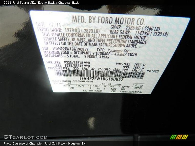 Ebony Black / Charcoal Black 2011 Ford Taurus SEL