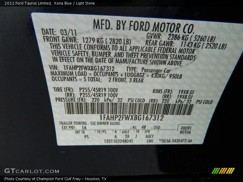 Kona Blue / Light Stone 2011 Ford Taurus Limited