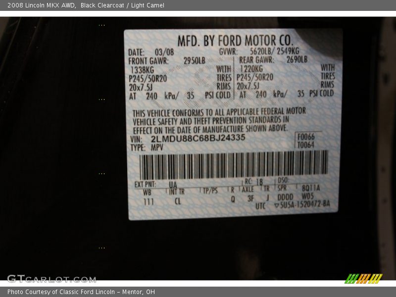 Black Clearcoat / Light Camel 2008 Lincoln MKX AWD