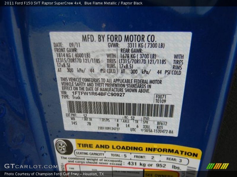 2011 F150 SVT Raptor SuperCrew 4x4 Blue Flame Metallic Color Code SZ