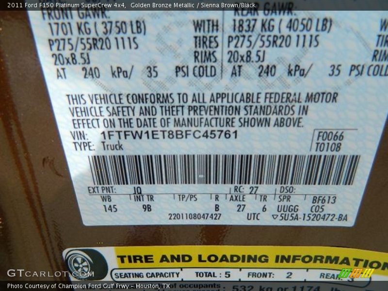 2011 F150 Platinum SuperCrew 4x4 Golden Bronze Metallic Color Code JQ