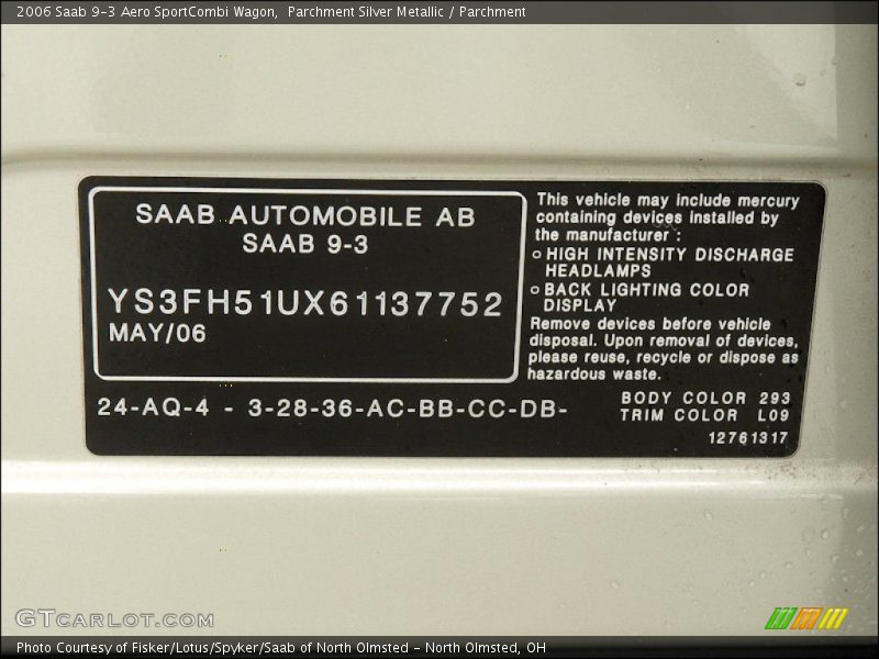 2006 9-3 Aero SportCombi Wagon Parchment Silver Metallic Color Code 293