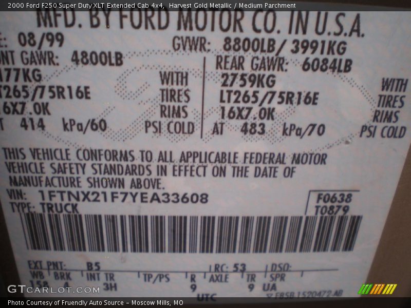 Harvest Gold Metallic / Medium Parchment 2000 Ford F250 Super Duty XLT Extended Cab 4x4