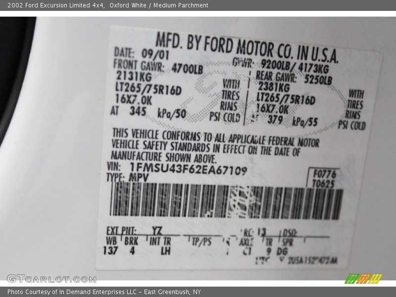 2002 Excursion Limited 4x4 Oxford White Color Code YZ