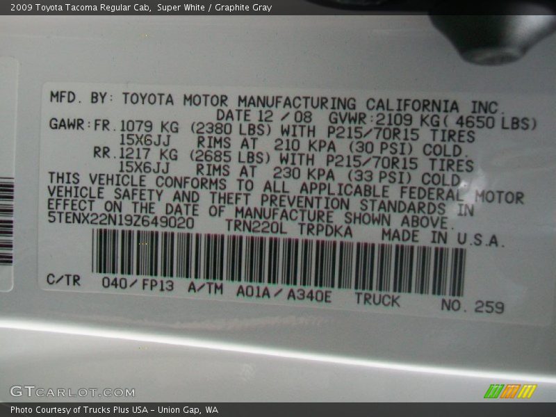 Super White / Graphite Gray 2009 Toyota Tacoma Regular Cab