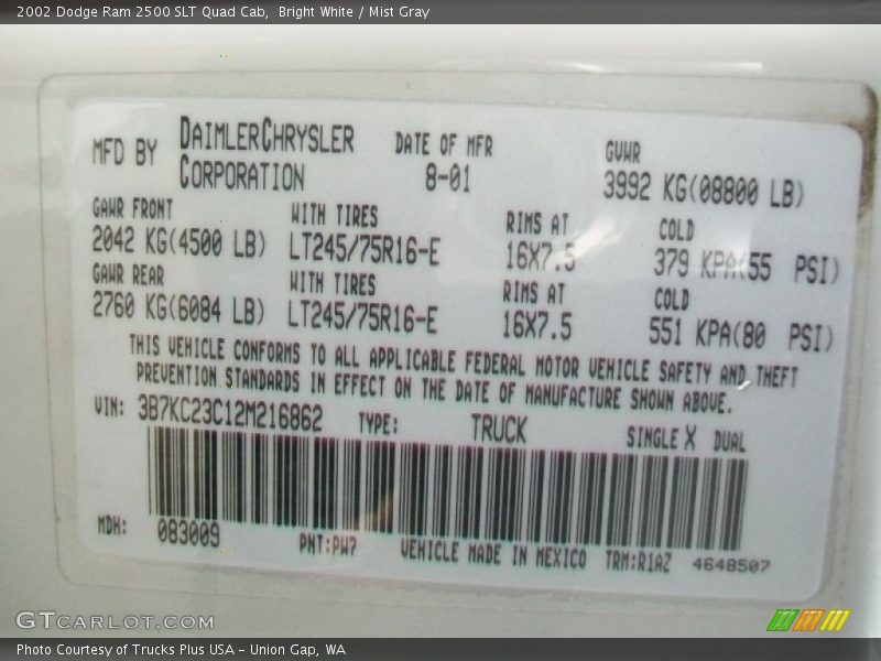 Bright White / Mist Gray 2002 Dodge Ram 2500 SLT Quad Cab