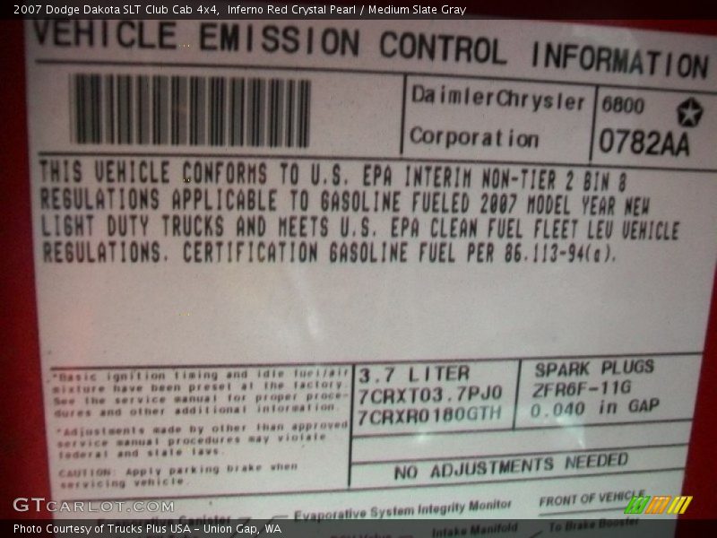 Info Tag of 2007 Dakota SLT Club Cab 4x4