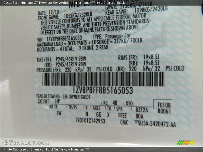 Performance White / Charcoal Black 2011 Ford Mustang GT Premium Convertible
