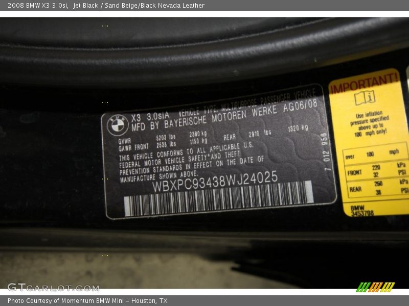 Jet Black / Sand Beige/Black Nevada Leather 2008 BMW X3 3.0si