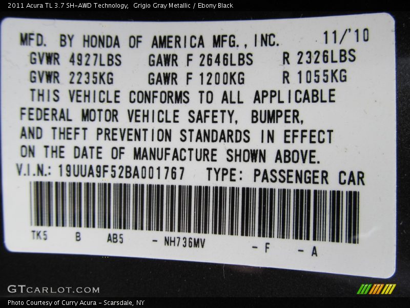 2011 TL 3.7 SH-AWD Technology Grigio Gray Metallic Color Code NH736MV