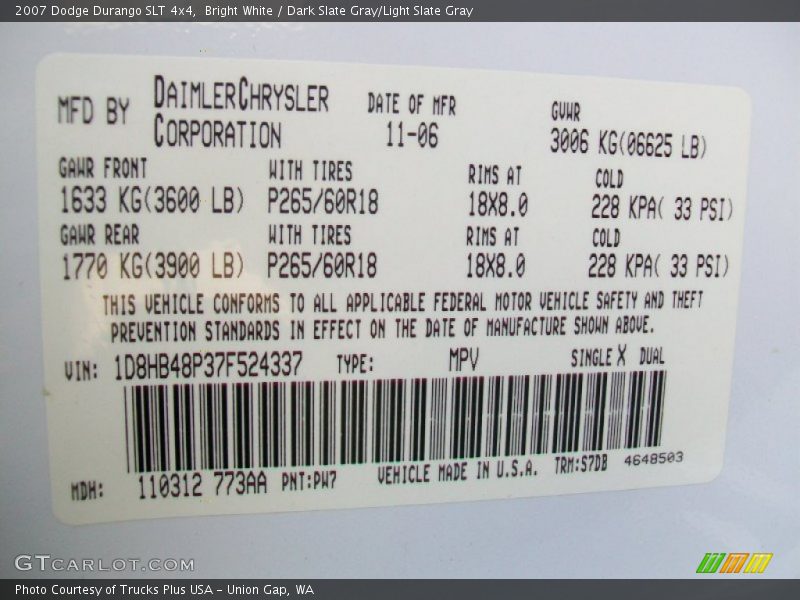 Bright White / Dark Slate Gray/Light Slate Gray 2007 Dodge Durango SLT 4x4