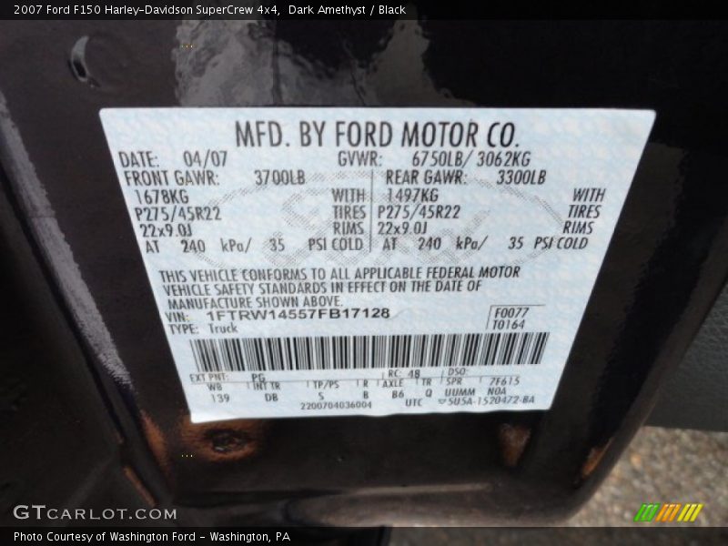 2007 F150 Harley-Davidson SuperCrew 4x4 Dark Amethyst Color Code PG