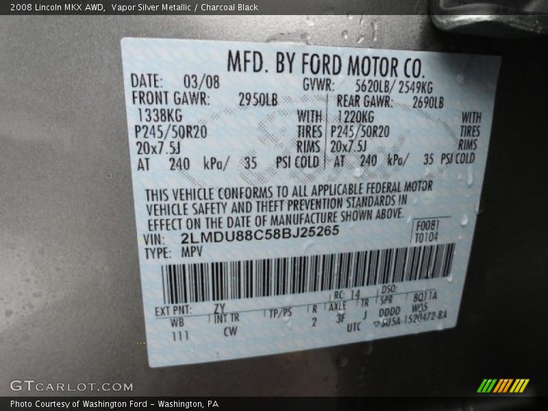 Vapor Silver Metallic / Charcoal Black 2008 Lincoln MKX AWD