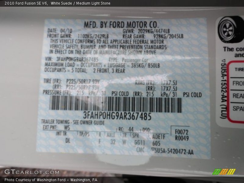 White Suede / Medium Light Stone 2010 Ford Fusion SE V6