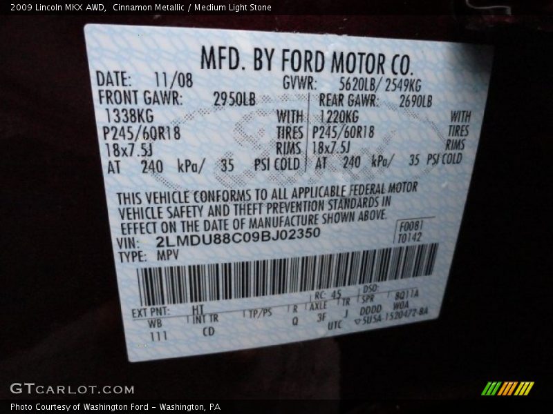 2009 MKX AWD Cinnamon Metallic Color Code HT