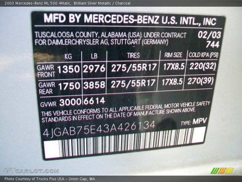 Brilliant Silver Metallic / Charcoal 2003 Mercedes-Benz ML 500 4Matic