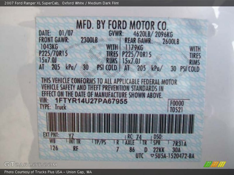2007 Ranger XL SuperCab Oxford White Color Code YZ